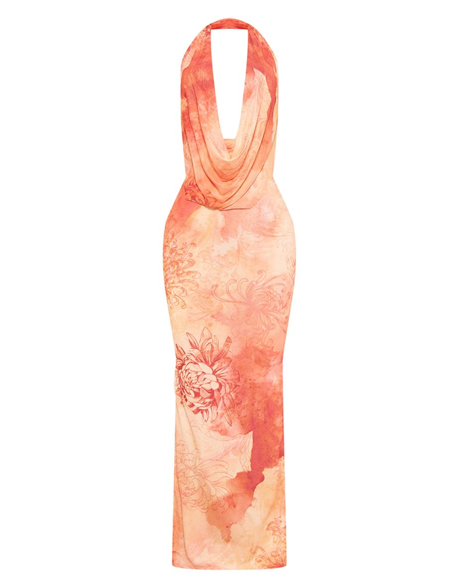 Peach Blurred Mesh Extreme Cowl Neck Maxi Dress - 4