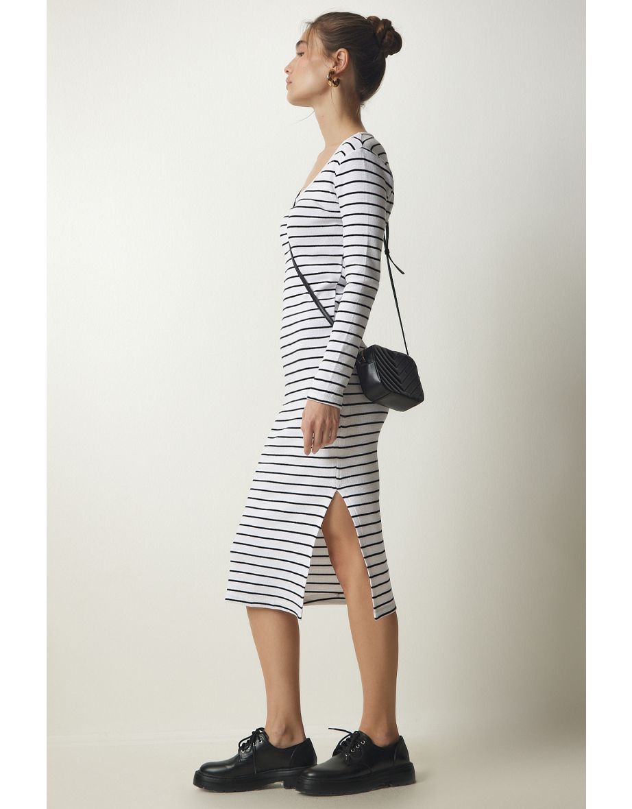 Shop Women s White Striped Slit Saran Knitted Dress Online in Bahrain VogaCloset