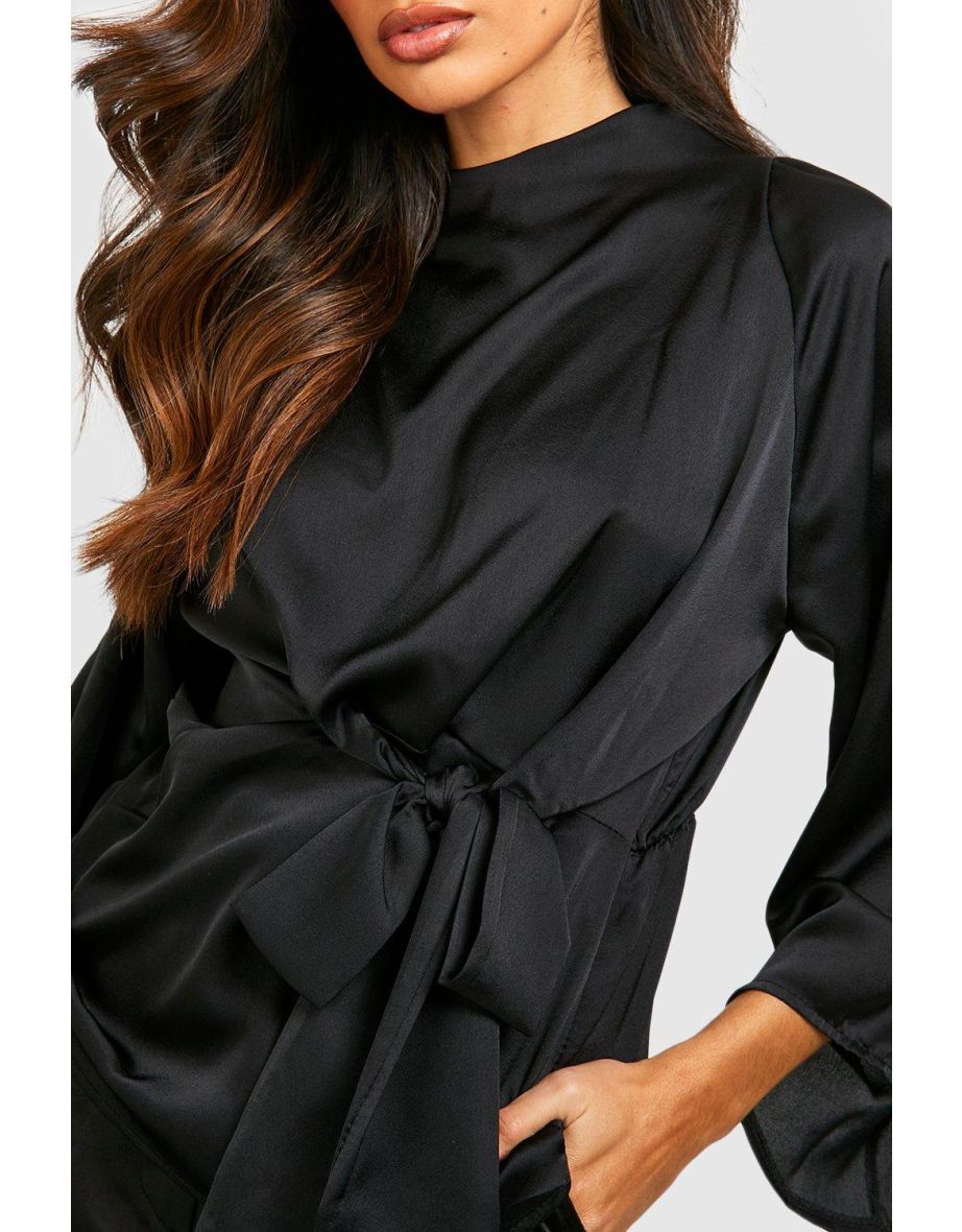 Satin Flute Sleeve Knot Front Blouse - black - 3