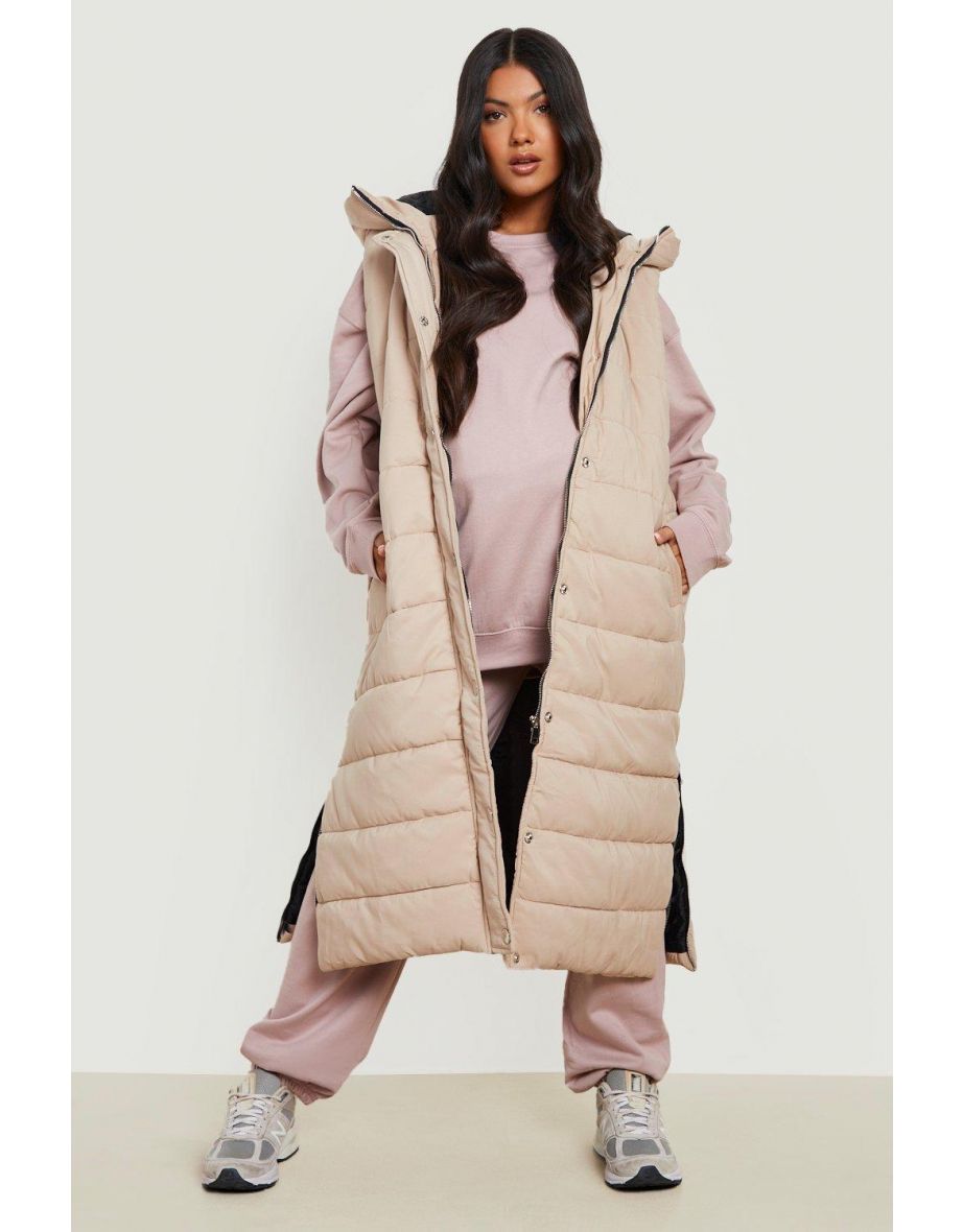 Maternity Longline Hooded Gilet - stone