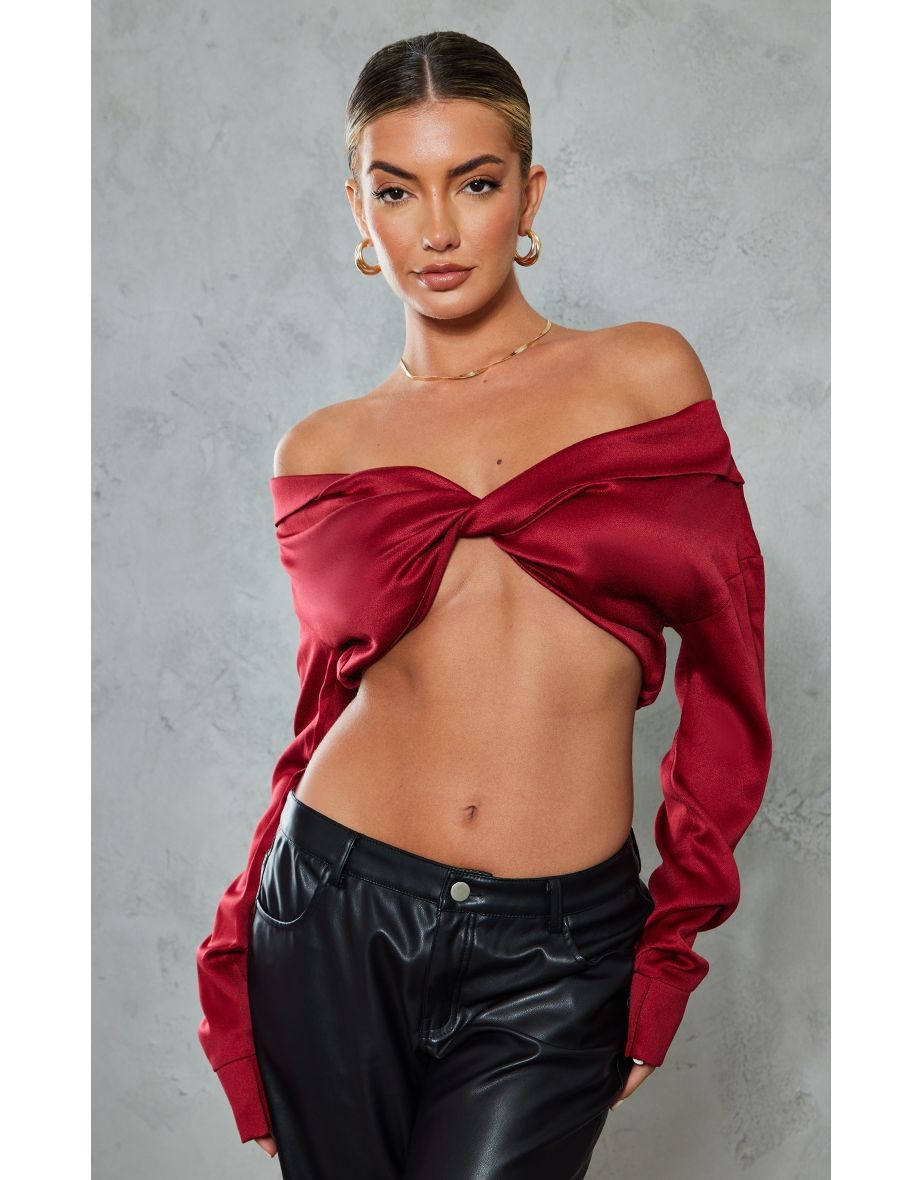 White satin bardot online twist front crop blouse