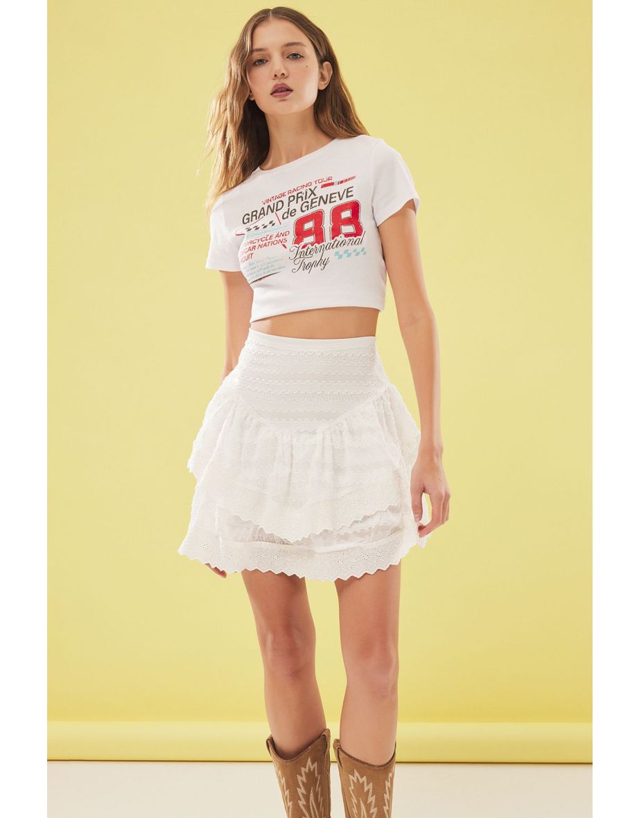 White Skirt with Ruffled Lace Embroidered Mini Length Woven Skirt