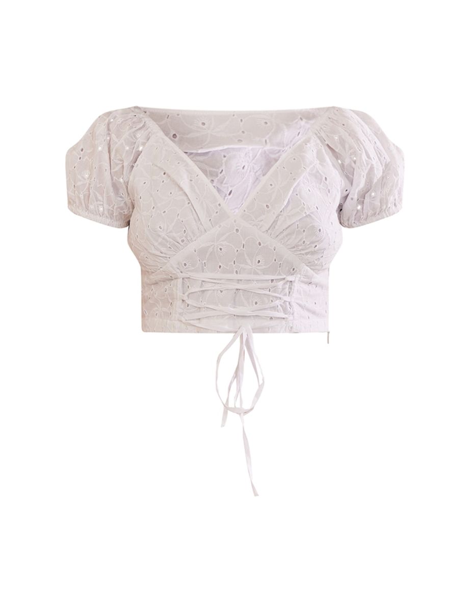 White Lace Up Front Broderie Crop Top - 4
