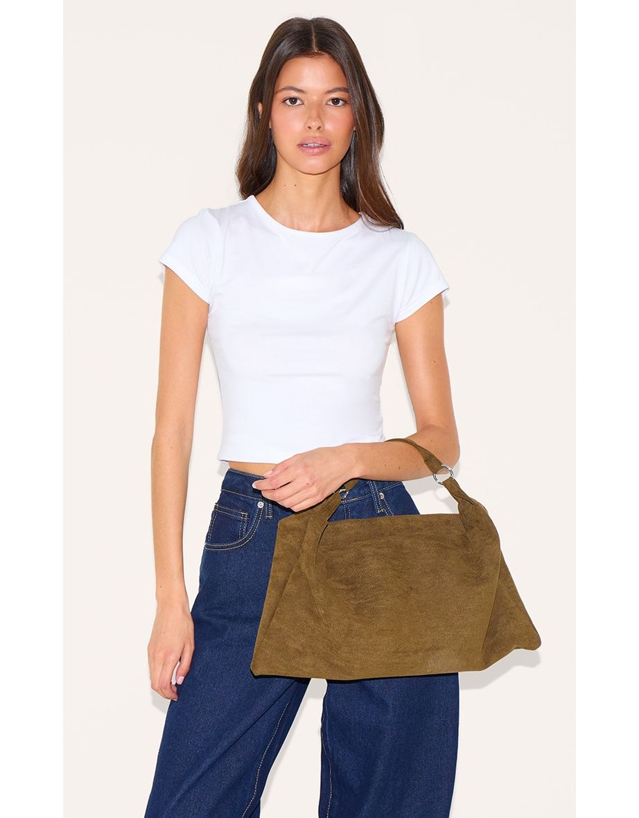 Olive Faux Suede Slouchy Shoulder Bag