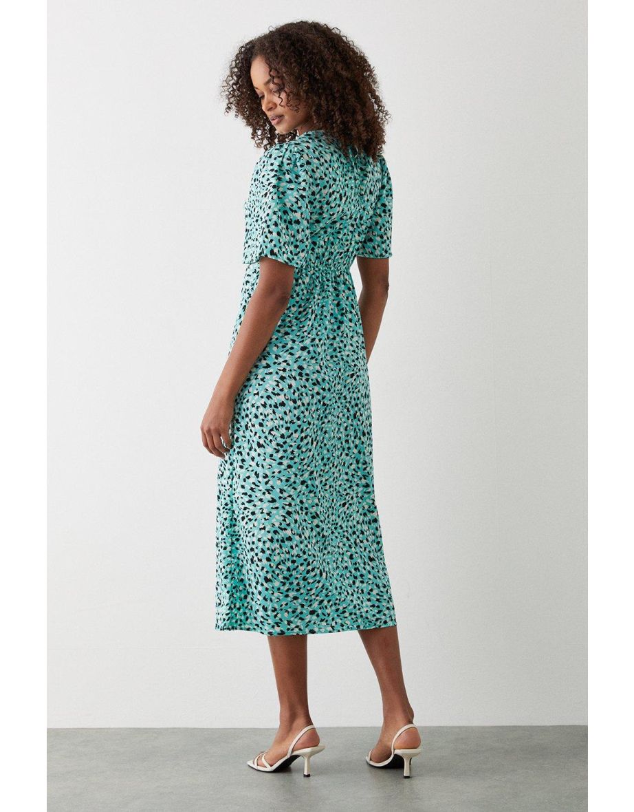 Green Animal Flutter Sleeve Shirred Waist Midi Dress - 2