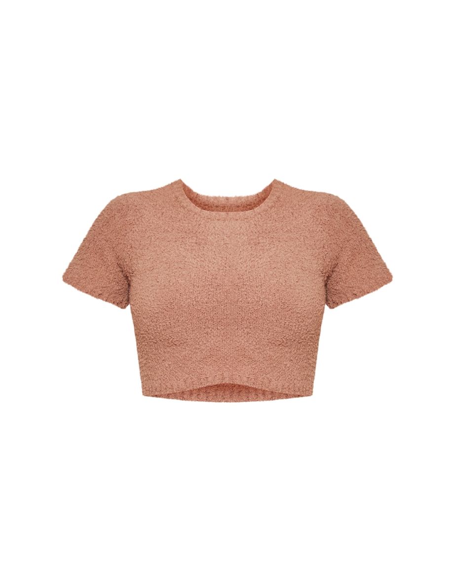 Brown Teddy Knit Short Sleeve Crop Top - 4