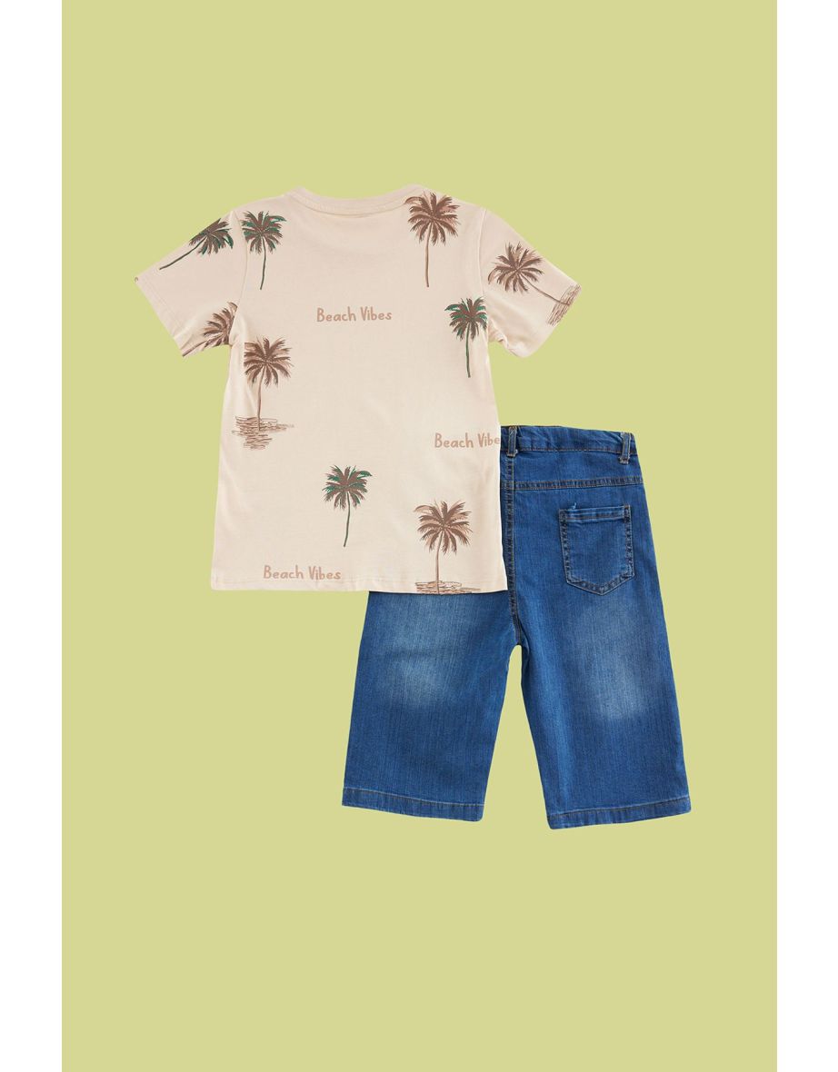 Beige Boy Patterned Short Sleeve T-shirt -Jean Trousers Set Top and Bottom Suit - 4