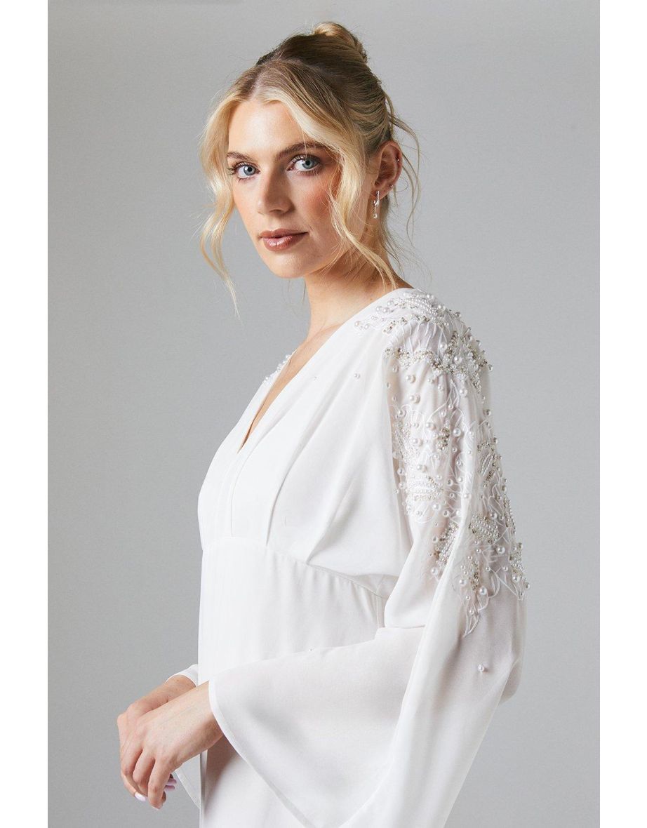 Premium Kimono Sleeve Embellished Fishtail Wedding Dress With Cutwork - 3
