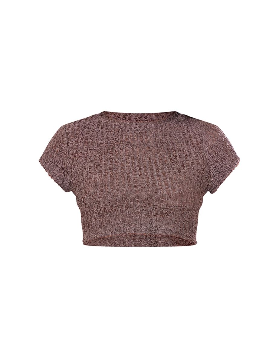 Mocha Knit Look Textured Short Sleeve Crop Top - 4