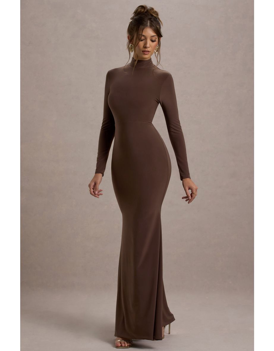 Tova | Chocolate High-Neck Long-Sleeve Fishtail Maxi Dress