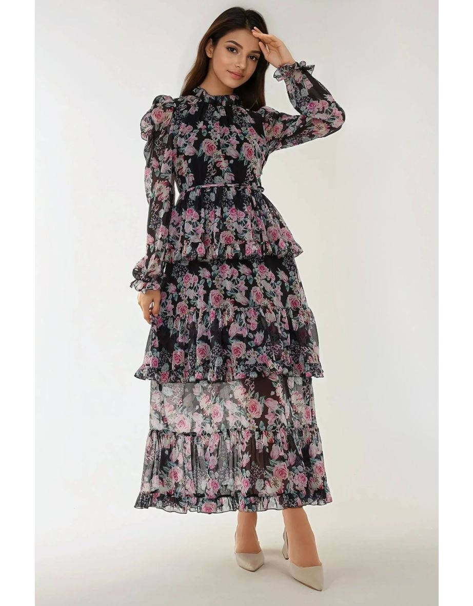 Crew Neck Floral Maxi Dress with Ruffles - 5