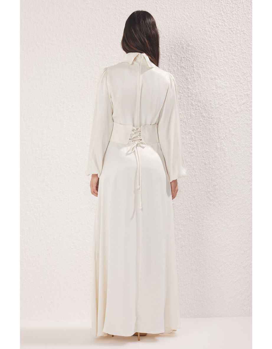 Ecru Corset Detail Bridal Woven Satin Wedding/Special Day Dress - 4
