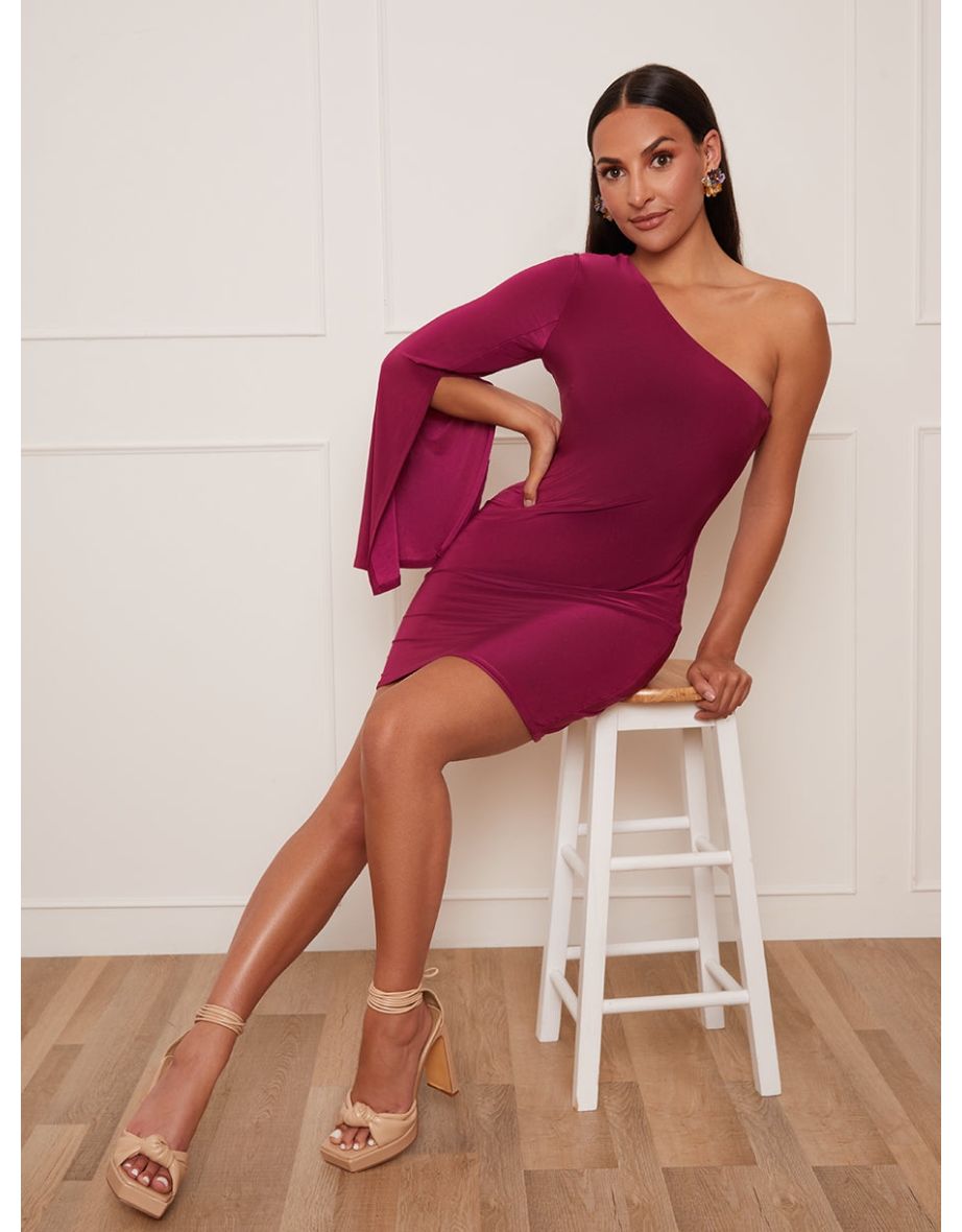 Petite One-Shoulder Long Sleeve Mini Dress in Purple - 4