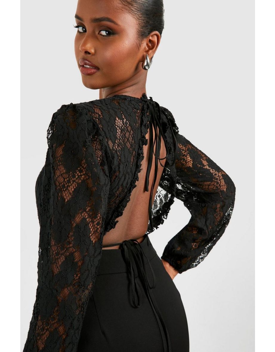 Lace Long Sleeve Crop Top - black - 3