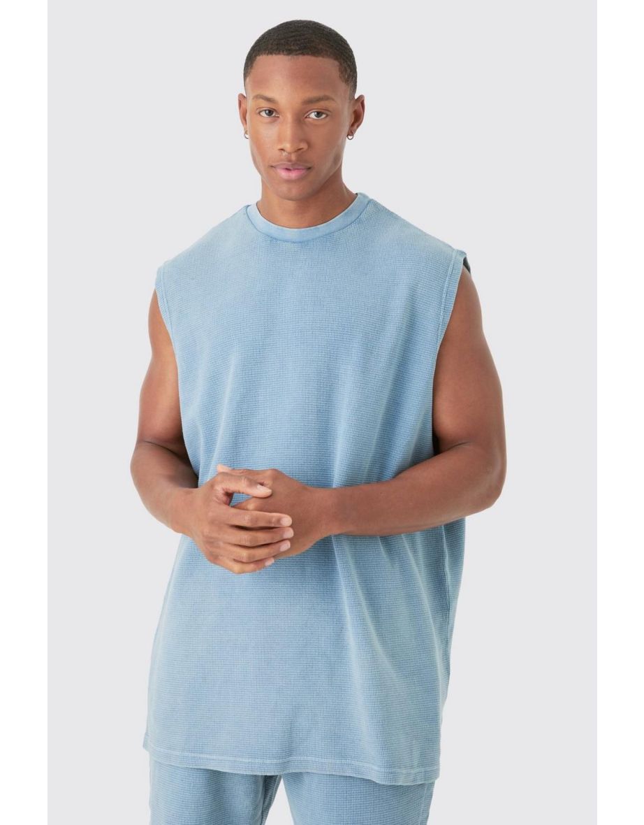 Oversized Washed Heavyweight Waffle Tank & Shorts Set - blue - 2