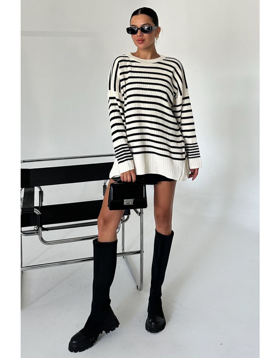 Women's Camel Crew Neck Striped Knitwear Sweater