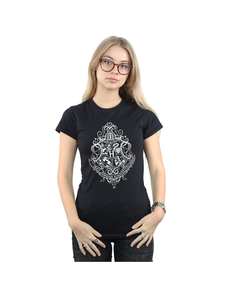 Harry Potter Womens/Ladies Hogwarts Draco Dormiens Crest Cotton T-Shirt - Black