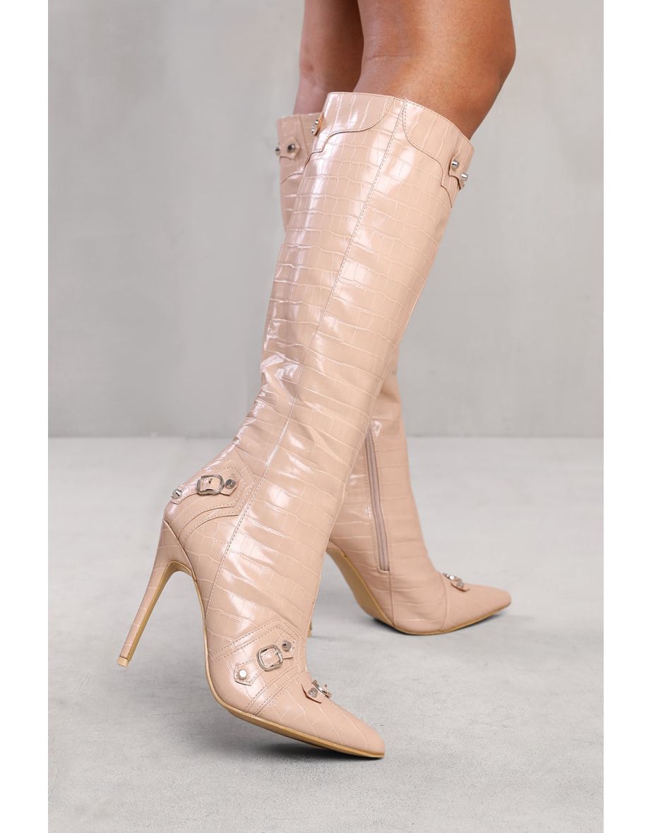AMELIA BELOW KNEE HIGH HEEL BOOT WITH STUD AND BUCKLE DETAIL IN NUDE