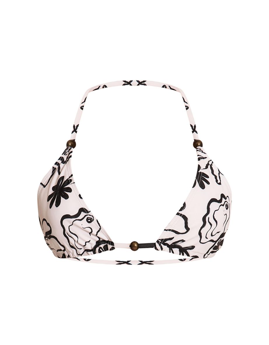 White Monochrome Floral Bead Detail Triangle Bikini Top - 3