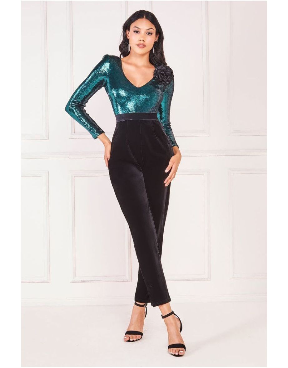 Goddiva Liquid Sequin Jumpsuit With Corsage - Emerald