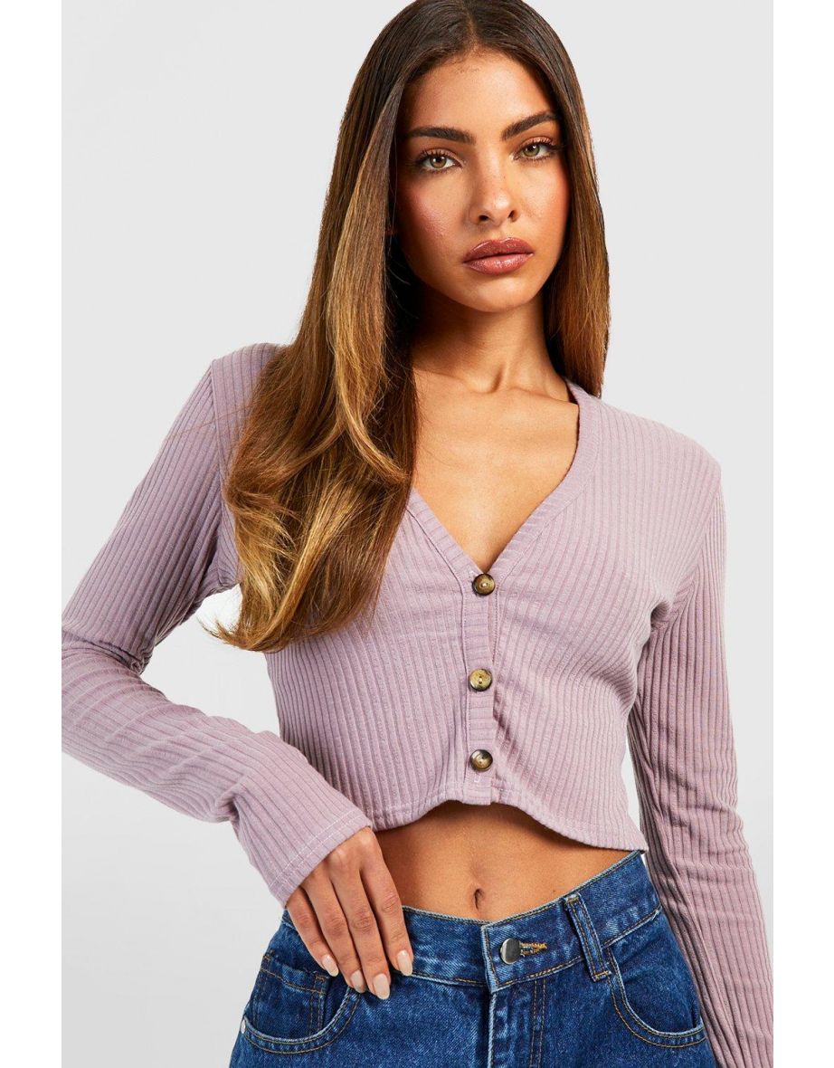 Soft Rib Knit Basic Crop Cardigan - grey