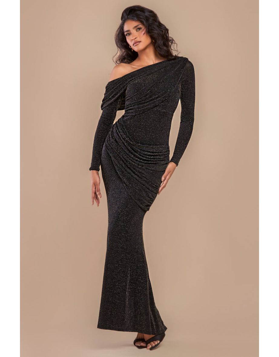 Goddiva Off The Shoulder Gathered Panel Sparkle Lurex Maxi Dress - Black Gold