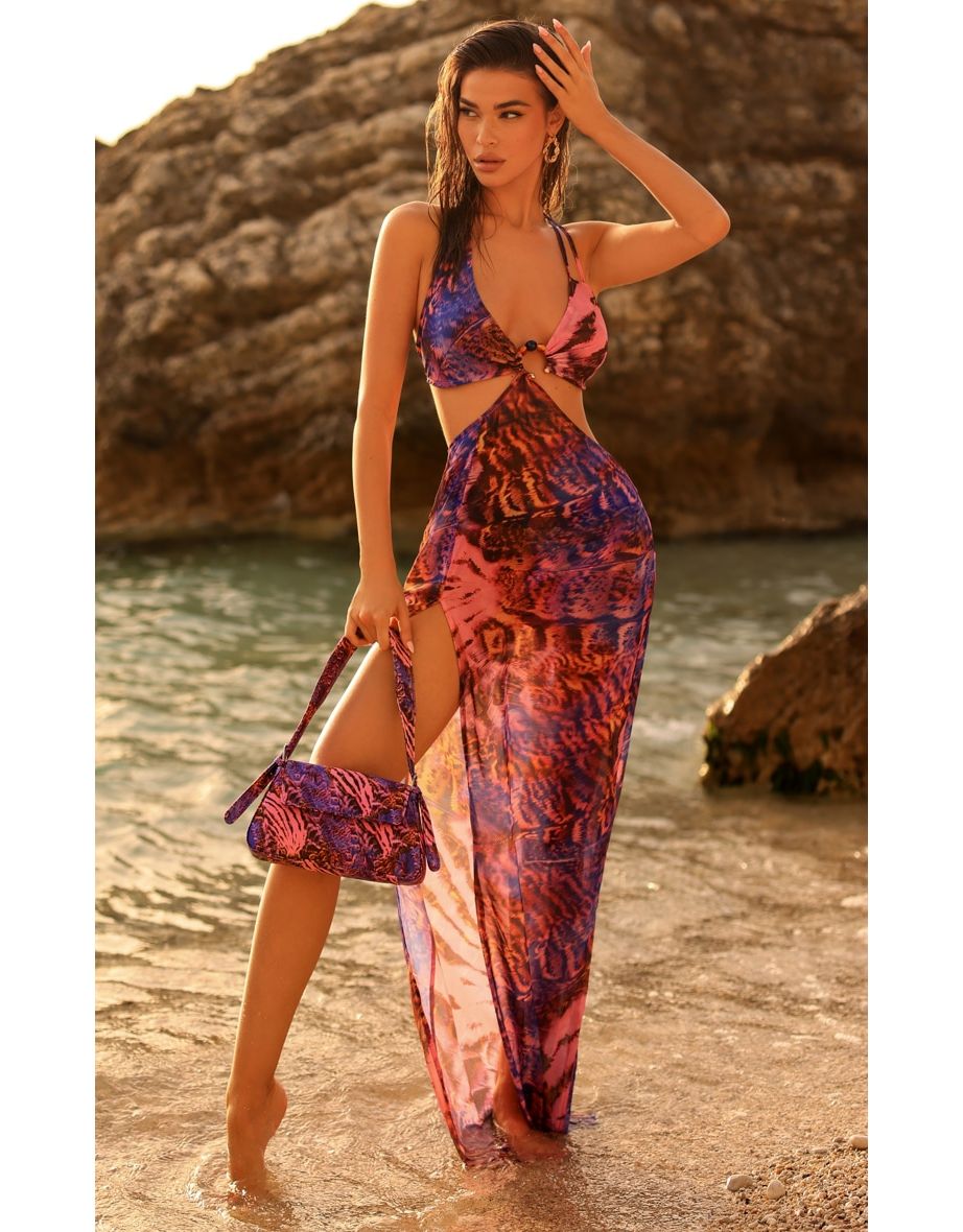 Shop Multi Animal Print Stone Trim Cut Out Maxi Beach Dress Online in Oman VogaCloset