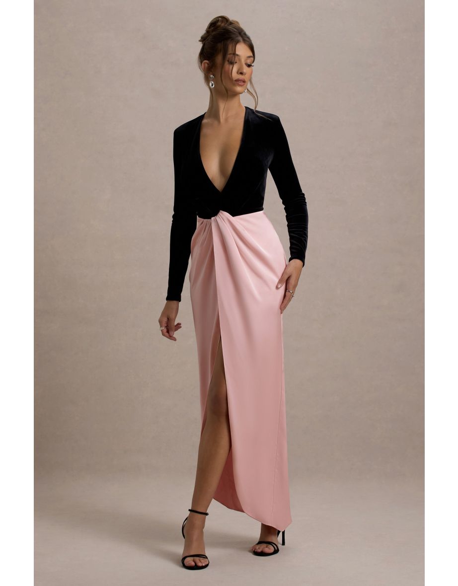 Love Spell | Black Velvet Plunge-Neck Maxi Dress With Pink Satin Skirt