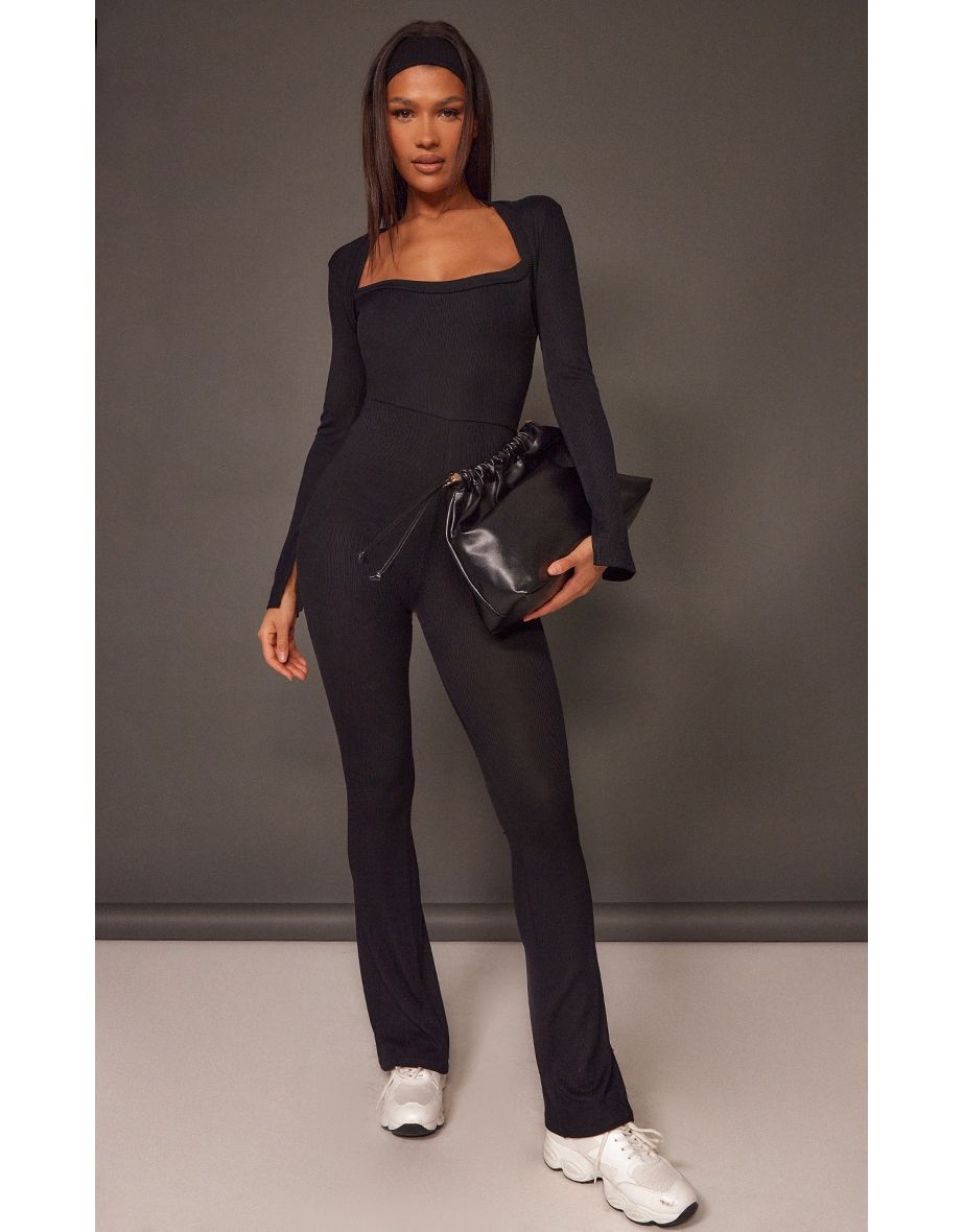 Shop Black Rib Split Sleeve Square Neck Jumpsuit Online in Qatar VogaCloset