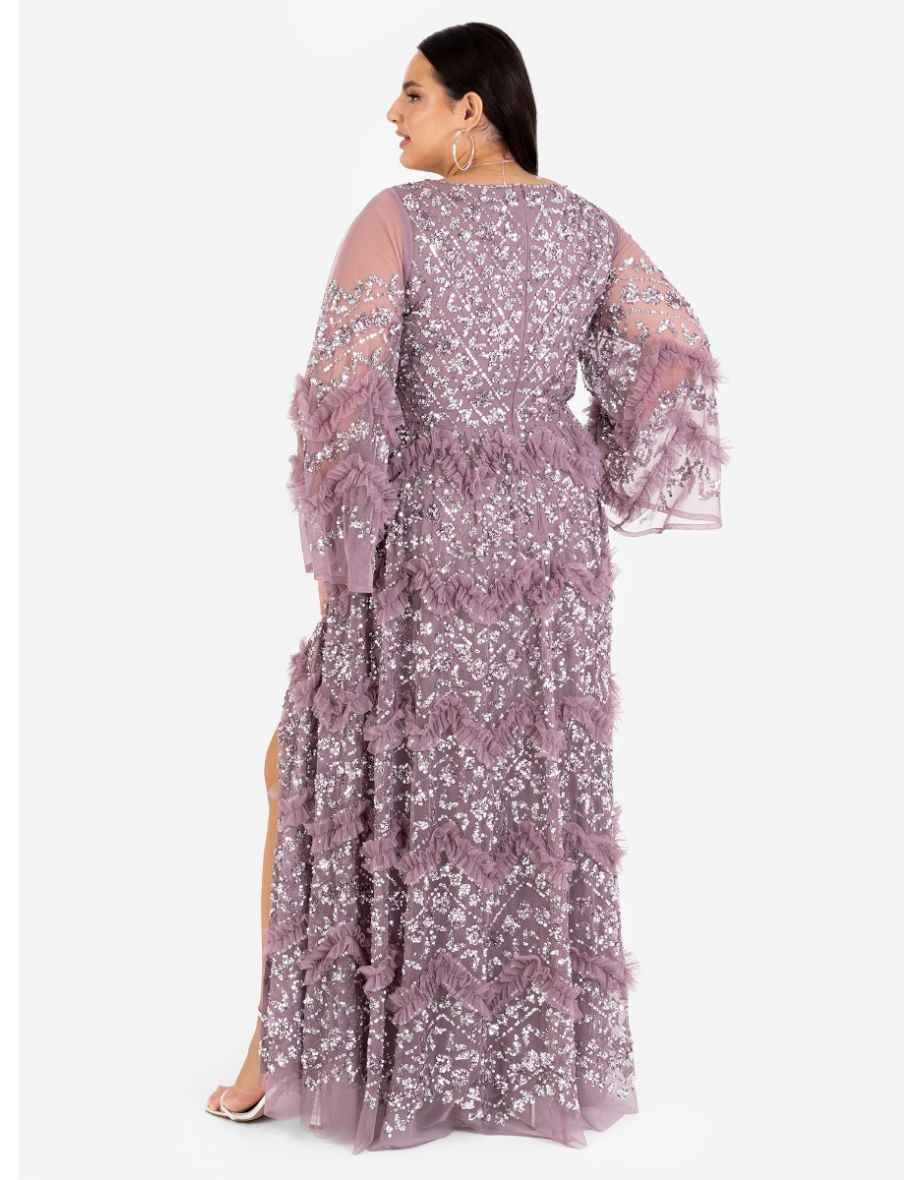 Maya Moody Lilac Fully Embellished Maxi Dress with Frill Detail - 8