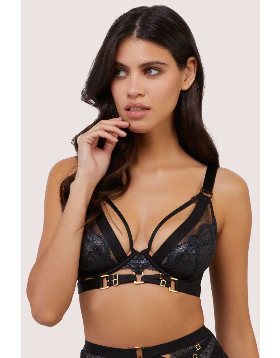 Tabitha Black Wet-Look Lace Plunge Bra