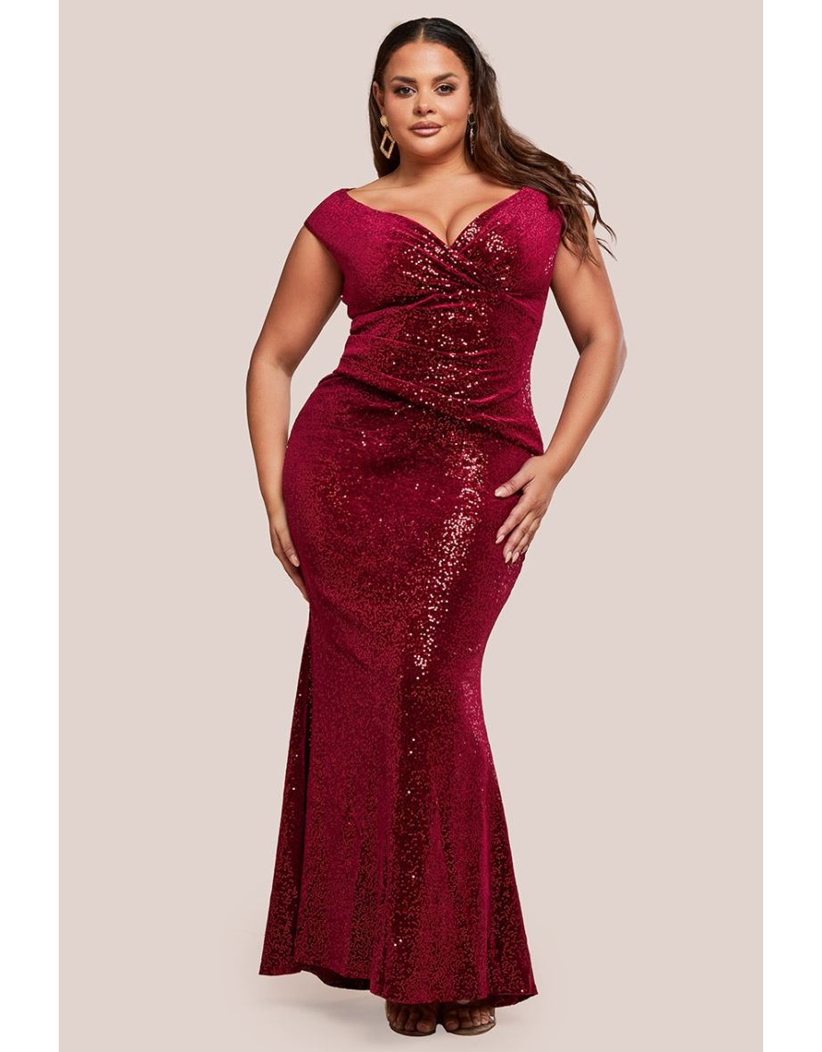 Goddiva Plus Sequin & Velvet Bardot Maxi Dress - Wine