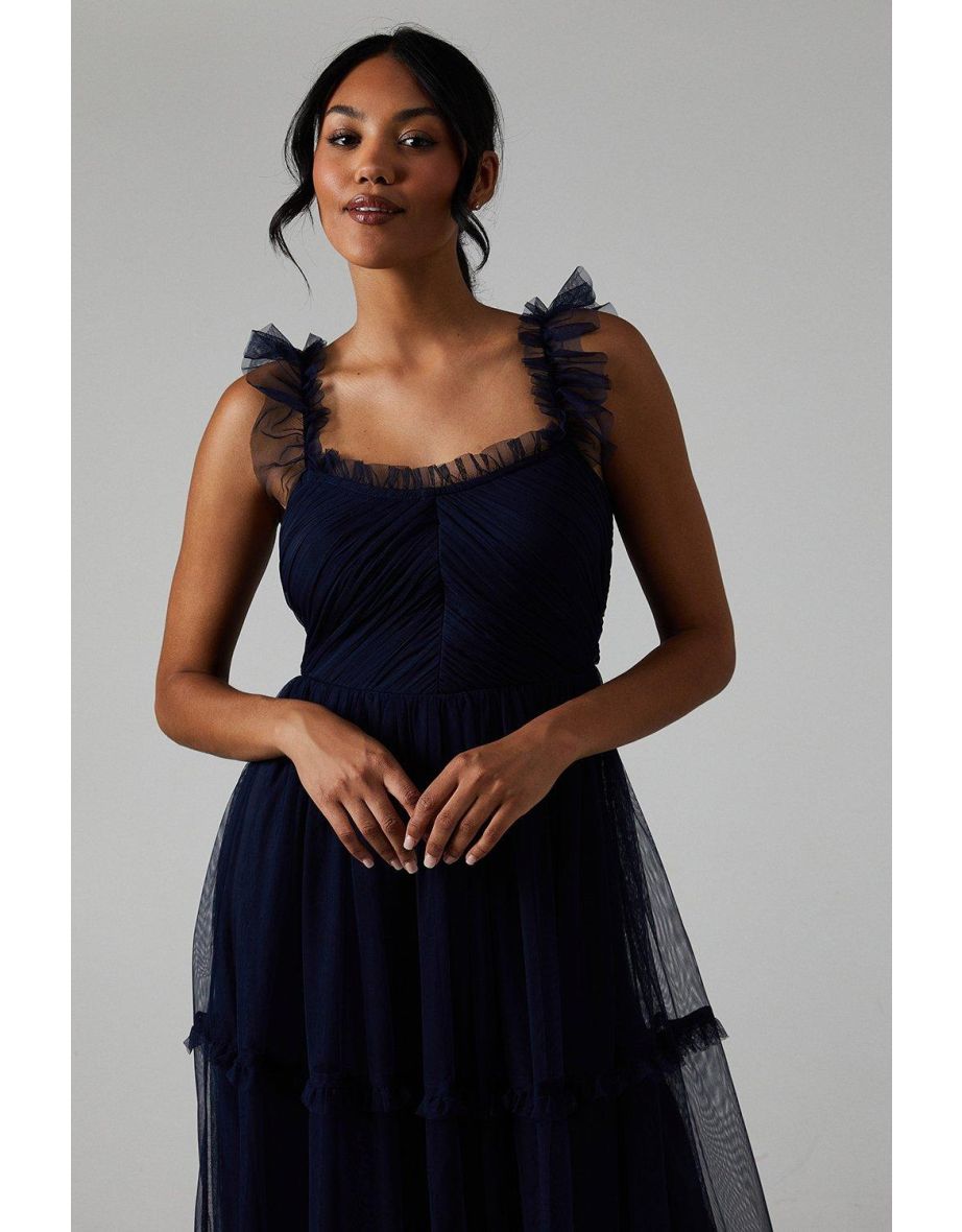 Flutter Sleeve Tiered Mesh Bridesmaids Dress - 3