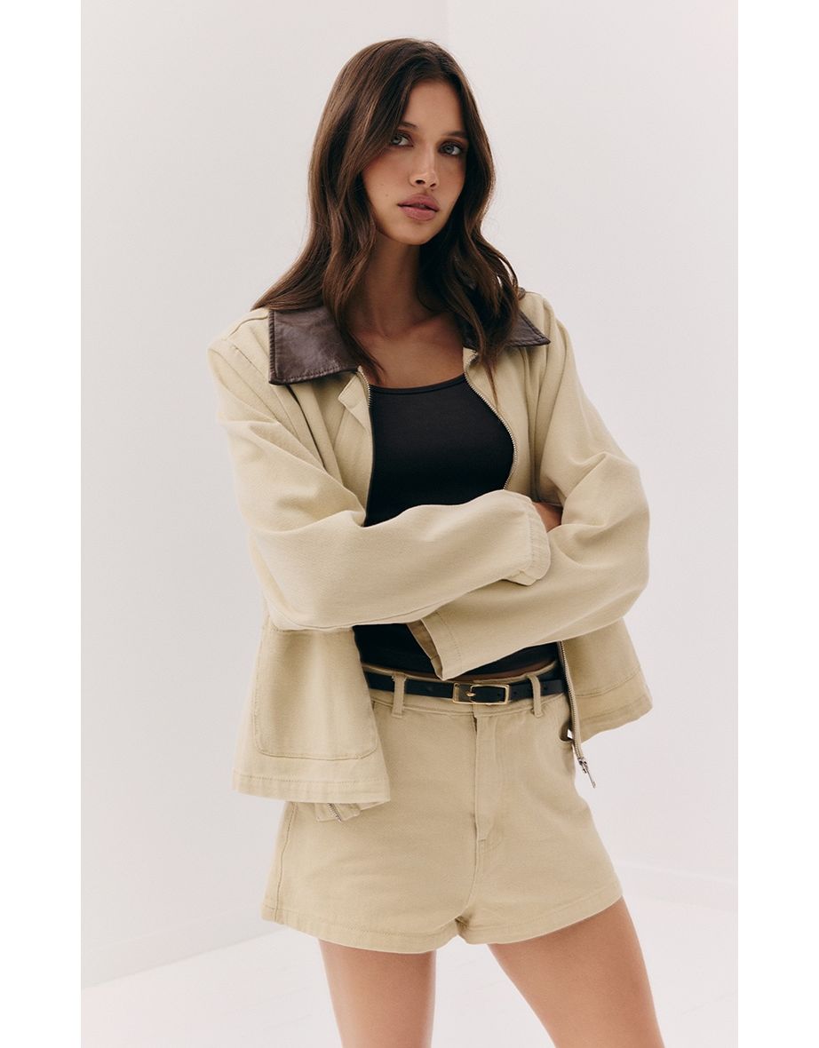 Beige Brown Collar Denim Jacket