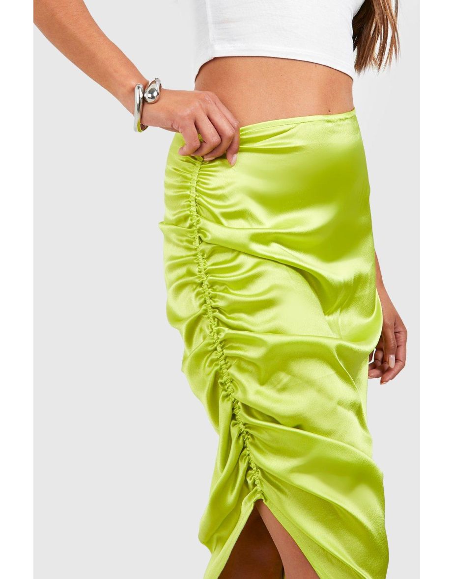 Ruched Side Asymmetric Satin Midi Skirt - chartreuse - 3