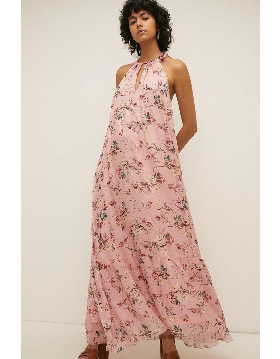 Viscose Silk Mix Floral Printed Halter Maxi