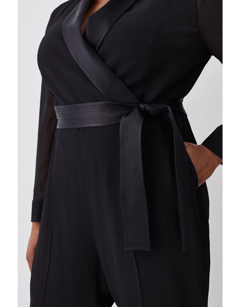 Plus Size Sheer Sleeve Tuxedo Wrap Jumpsuit - 2