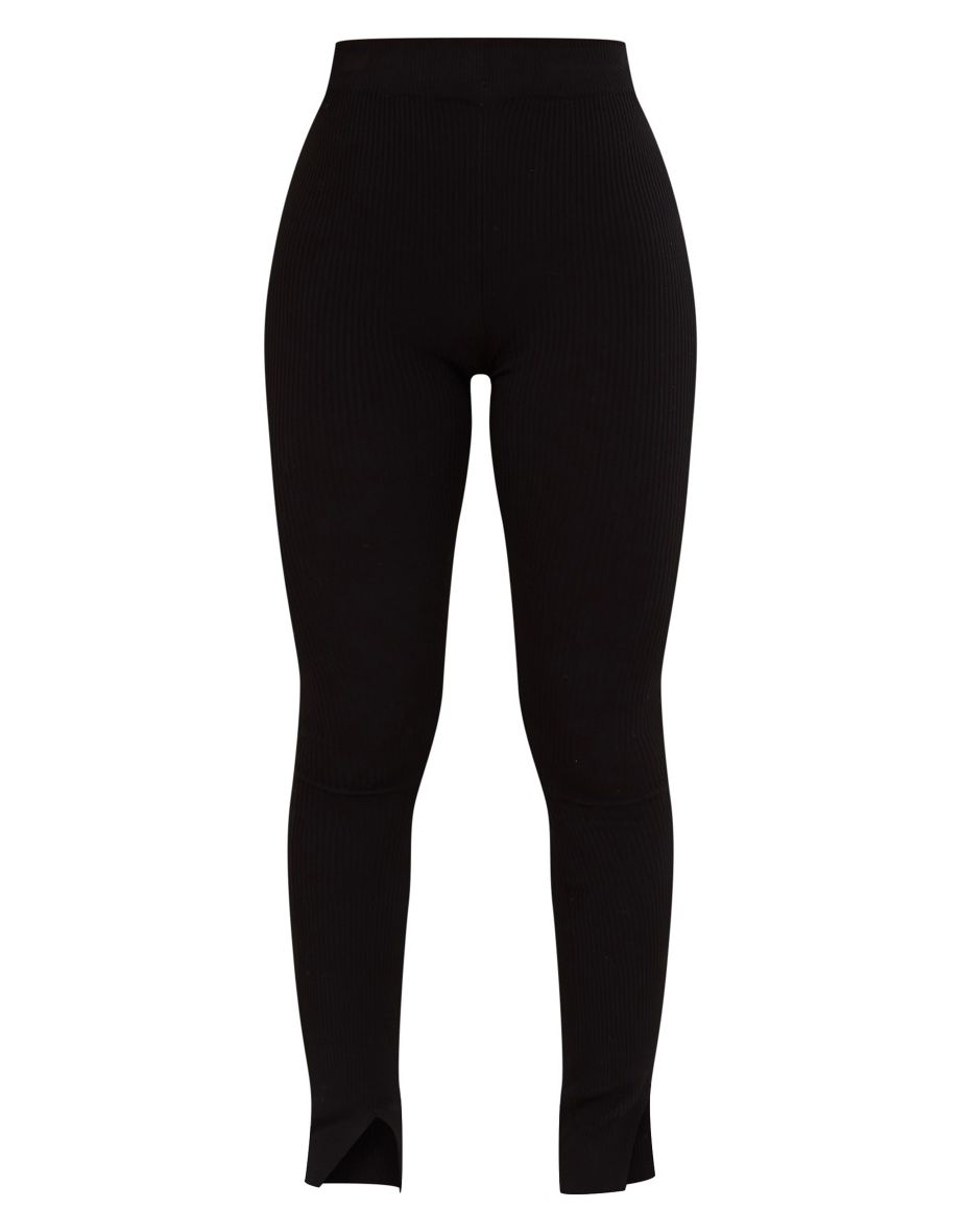 Black Knitted Split Hem Flare Trousers - 4