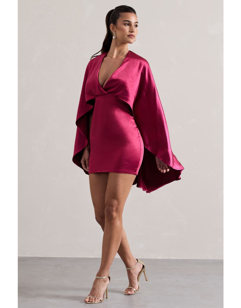 Olsen | Raspberry Satin Plunge-Neck Cape Mini Dress - 6