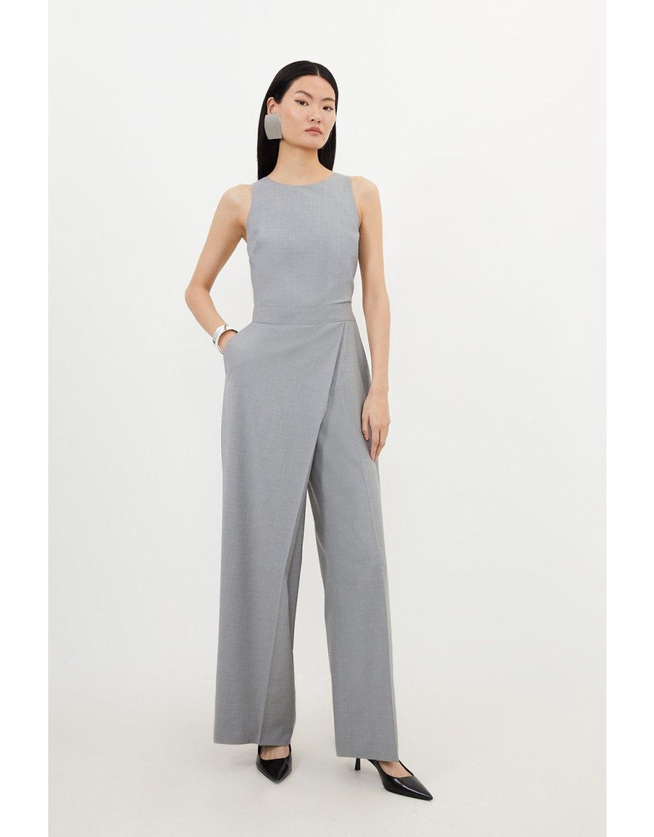 Tailored Wool Blend Wide Leg Wrap Detail Jumpsuit