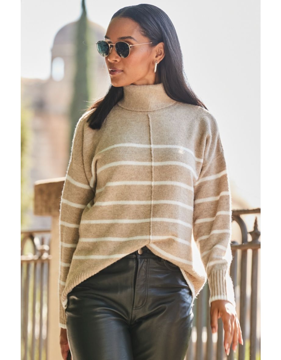 Taupe & White Stripe Roll Neck Jumper - 4