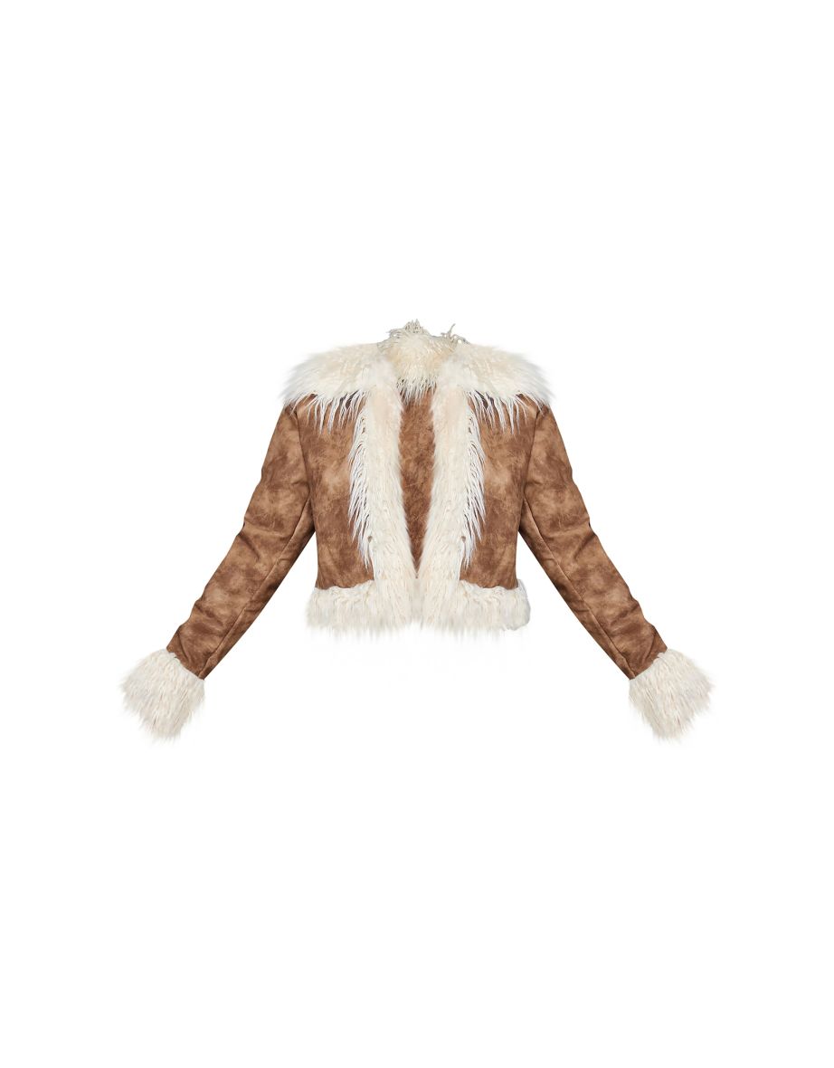 Chocolate Distressed Pu Faux Fur Cuff And Collar Jacket - 4