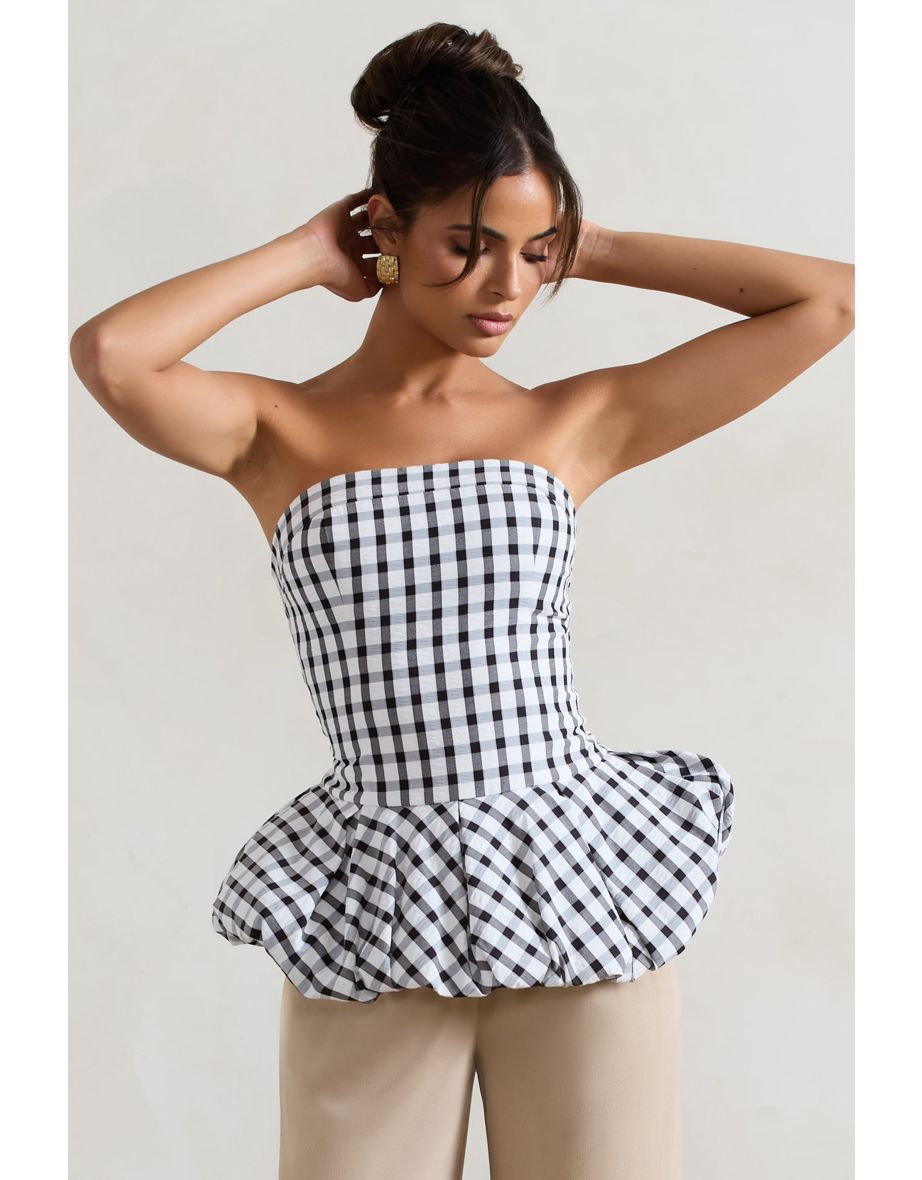Roll With It | Black & White Gingham Bandeau Ruffle Top