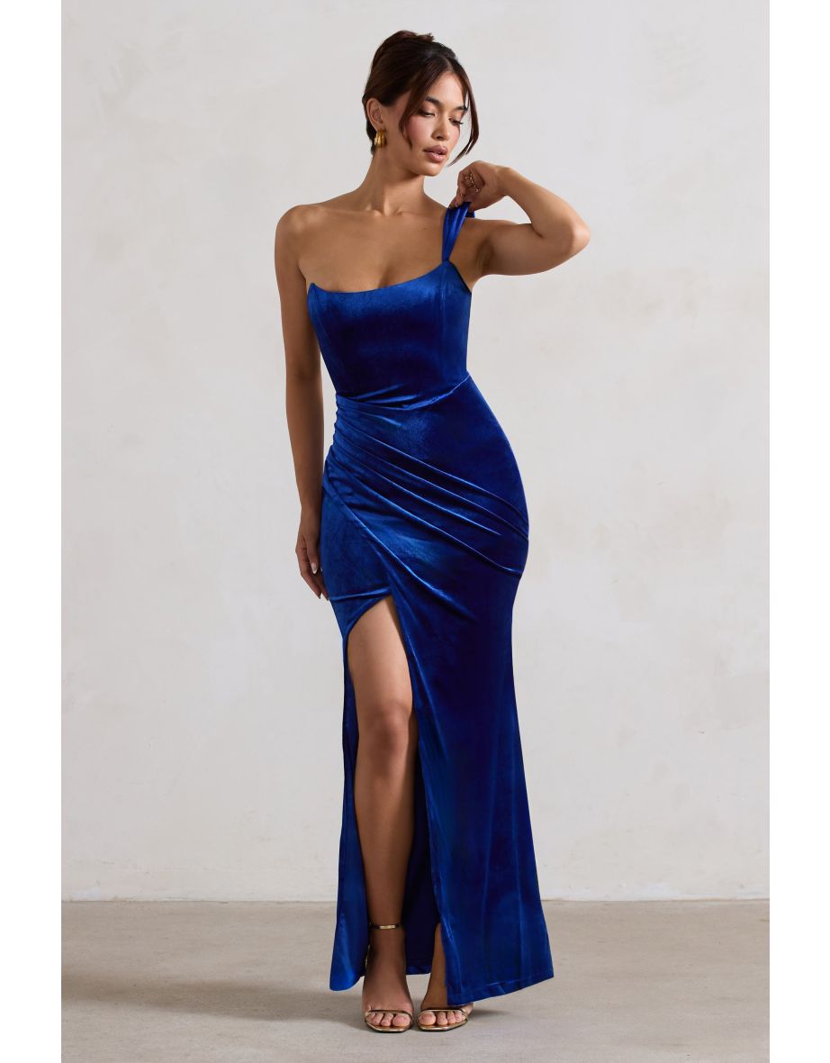 Jessica | Cobalt Velvet One Shoulder Corset Style Wrap Maxi Dress - 4
