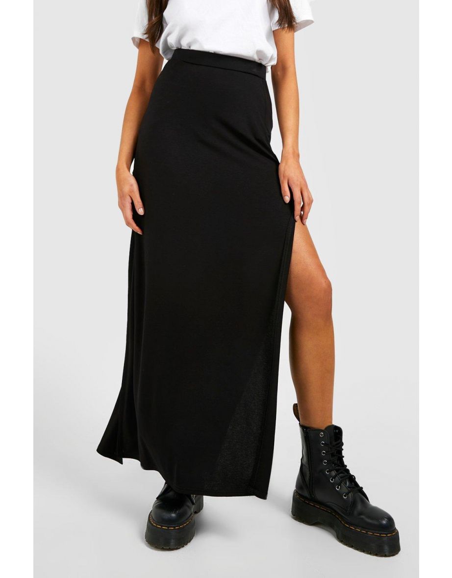 Basic Solid Black High Waisted Split Maxi Skirt - black - 3