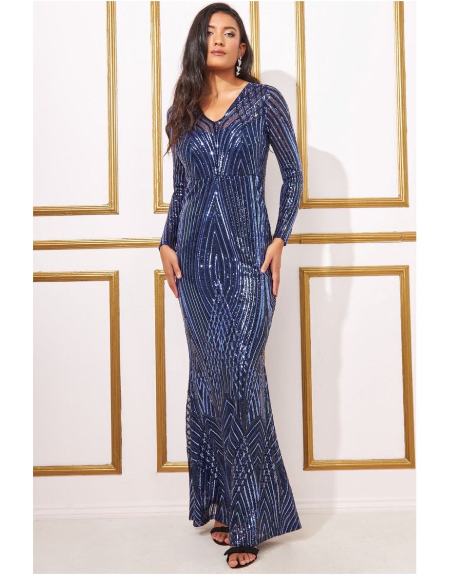 Goddiva Two Toned V Neck Sequin Maxi - Navy