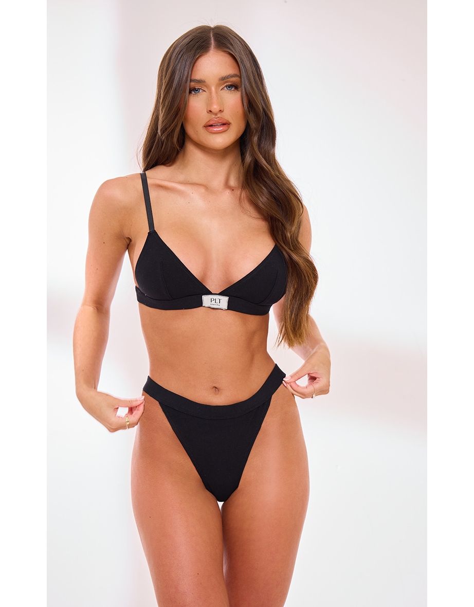 PRETTYLITTLETHING Black Jersey Triangle Bralette And Thong Set