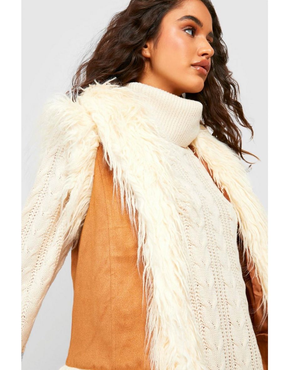 Faux Fur Trim Gilet - tan - 3