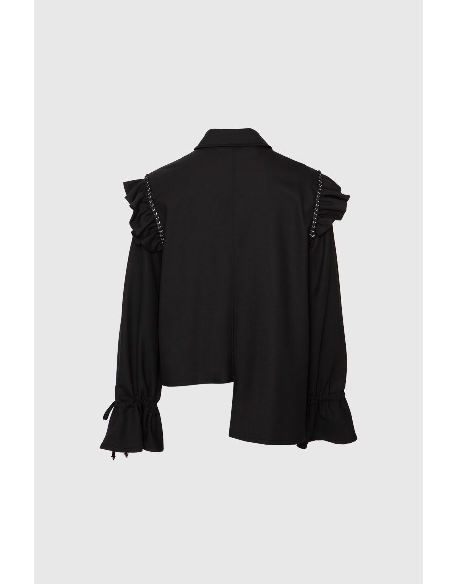 Asymmetrical Cut Black Shirt with Flounce Detail on the Sleeves - 2