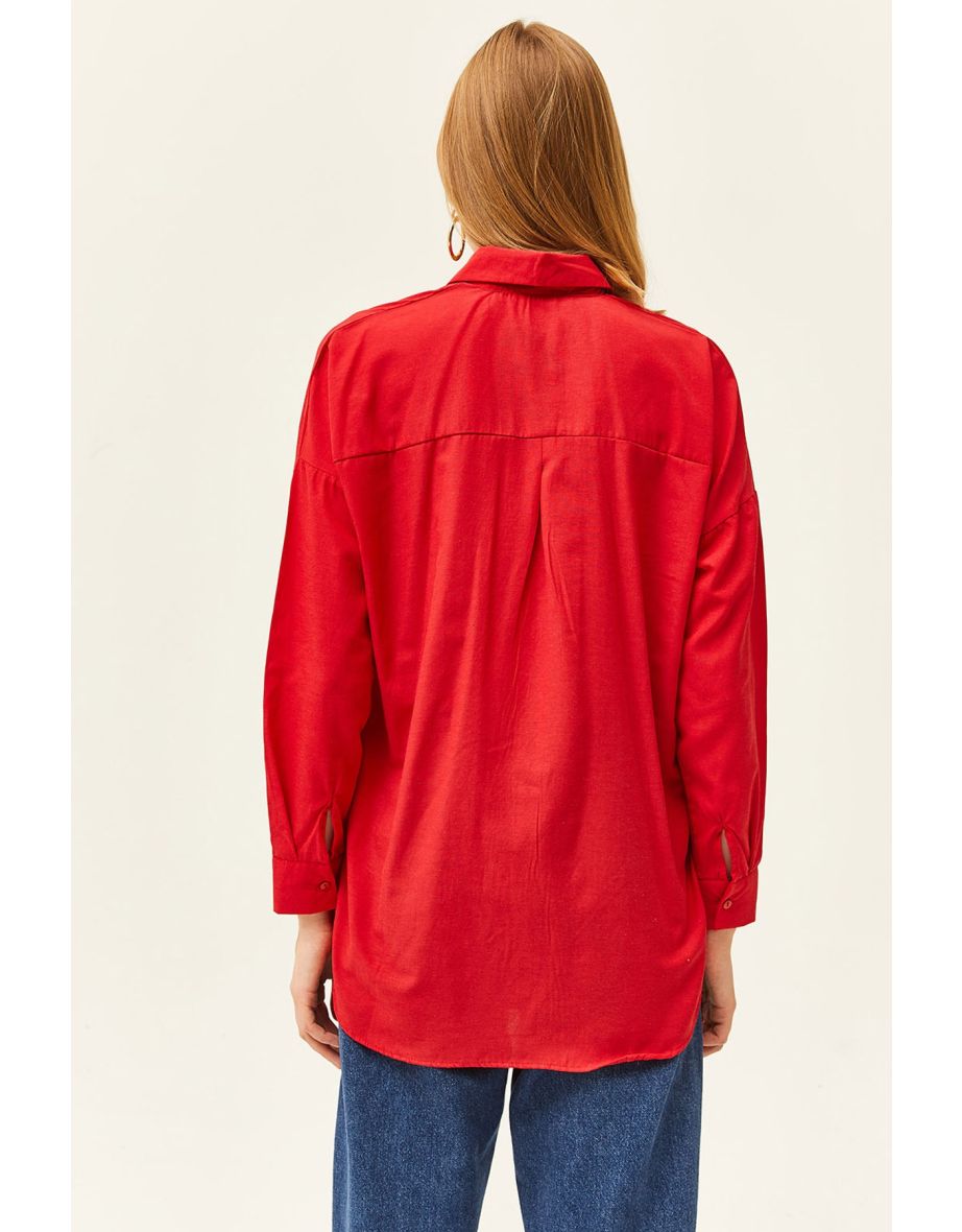 Women's Red Sequin Detailed Woven Boyfriend Shirt - 5